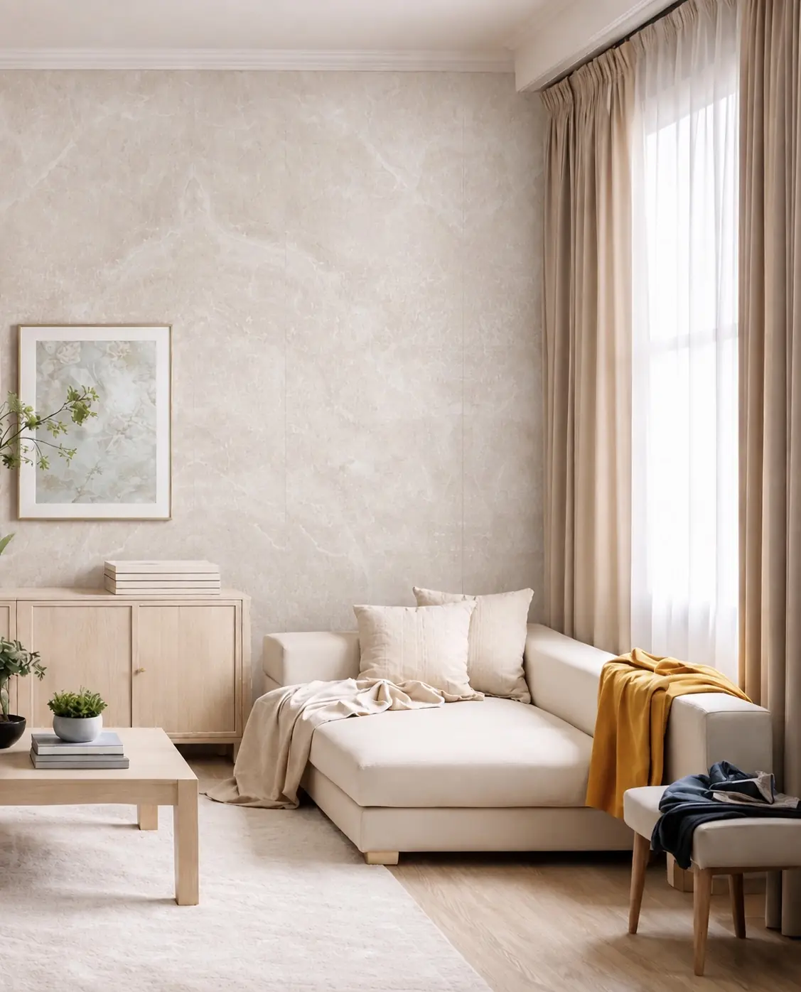 Ambiente Living residencial com a placa Pelle Crema Alabastro