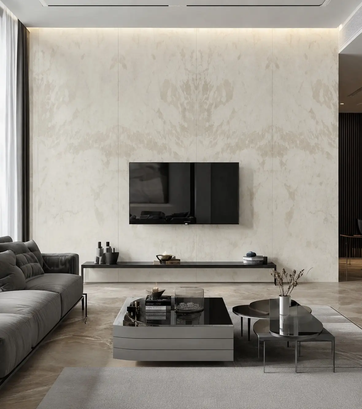 Ambiente Living contemporâneo com a placa Pelle Lino Naturale