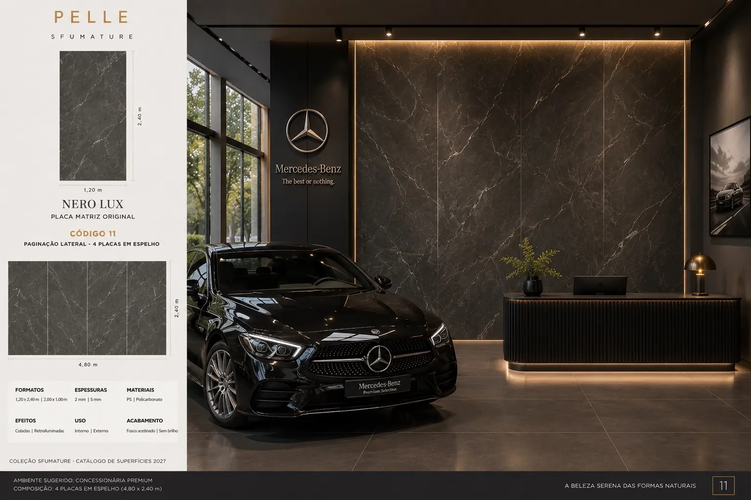 Ambiente Concessionária premium com a placa Pelle Nero Lux