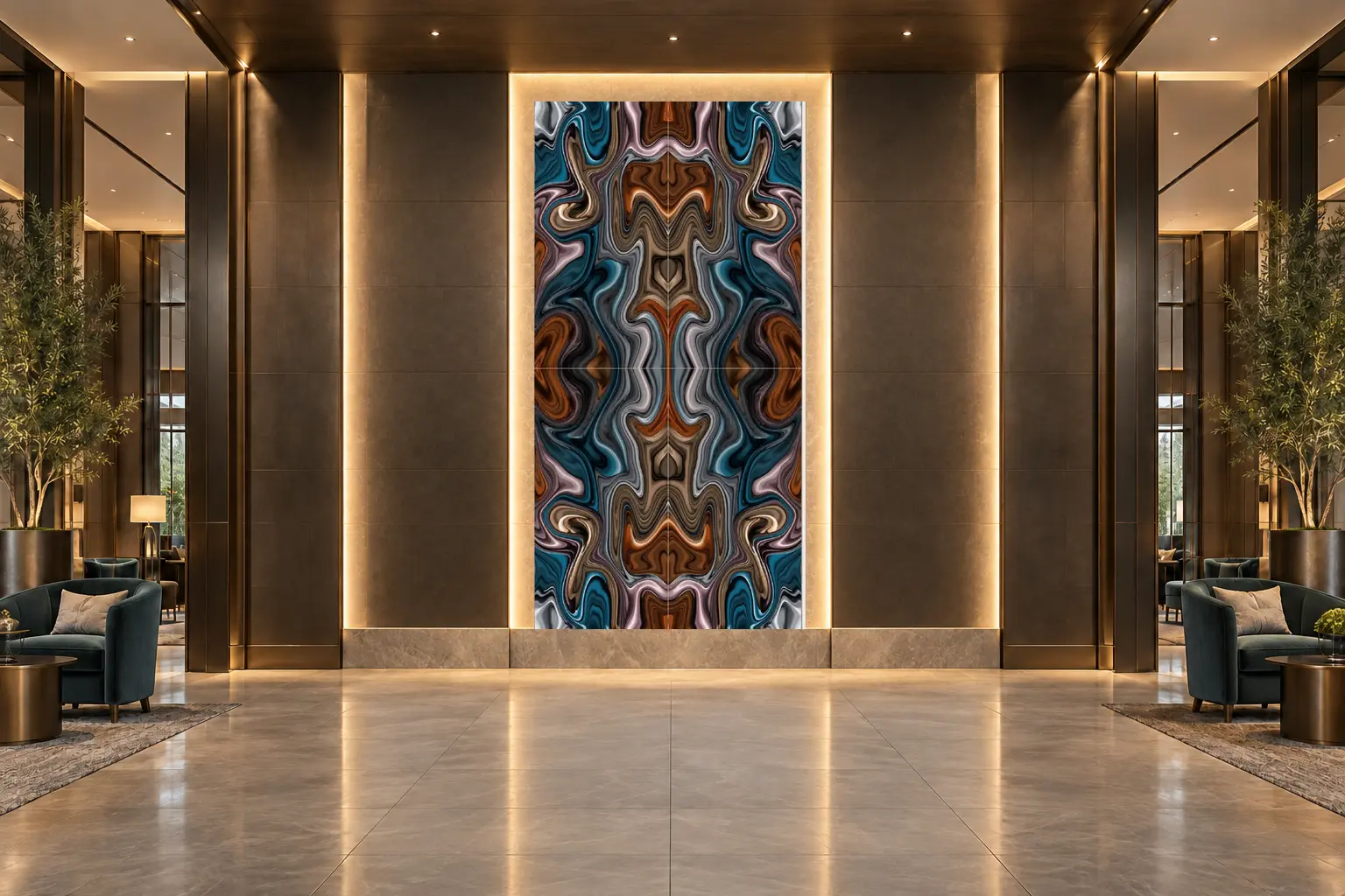 Ambiente Lobby de hotel com a placa Pelle Petrol Copper